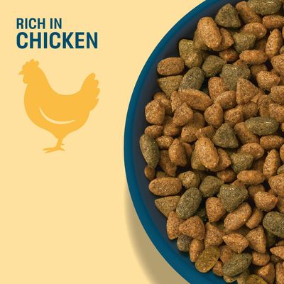 Bowl with brown and green kibbles, text: Rich in Chicken, next to it a chicken symbol.