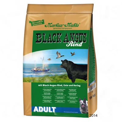 Markus-Mühle Black Angus naudanliha, kylmäpuristettu, ankalla ja sillillä. Aikuisille koirille. Pakkaus 15 kg.