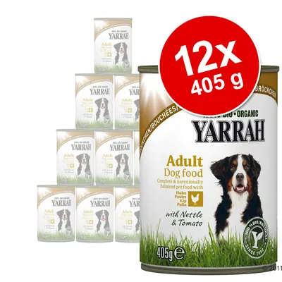 Yarrah Adult Dog food, 12 x 405 g dåser. Tekst: Complete & nutritionally balanced pet food with Huhn, Poulet, Kip, Pollo, with Nettle & Tomato. Billede af hund på dåsen.