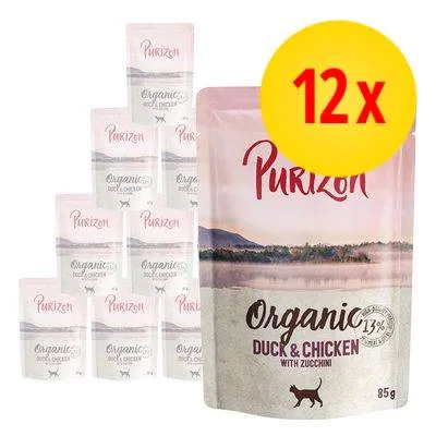 Lot de 12 sachets Purizon Organic Duck & Chicken with Zucchini pour chat, 85 g chacun, texte visible : 13 % protein. Emballage avec illustration de paysage.