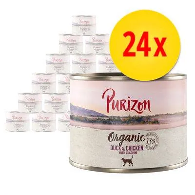 Lot de 24 boîtes Purizon Organic Duck & Chicken with Zucchini, 13 %, illustration de paysage sur l’étiquette, texte en anglais visible sur l’emballage.