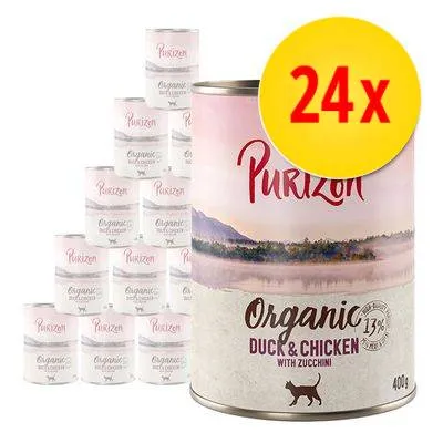 Lot de 24 boîtes Purizon Organic Duck & Chicken with Zucchini, 400 g chacune, texte visible : 13 % organic, image d’un chat sur l’emballage.