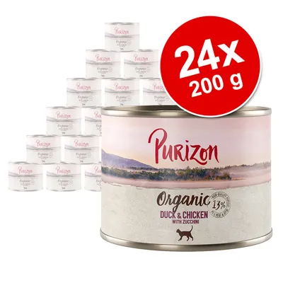 Purizon Organic Duck & Chicken with Zucchini, 13 % kød, 24 x 200 g dåser kattemad. Stor rød cirkel med teksten '24x 200 g'.