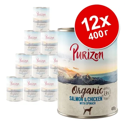 Purizon Organic Salmon & Chicken with Spinach, 12×400 г консерви за кучета. Видими са опаковките и надписите на продукта.