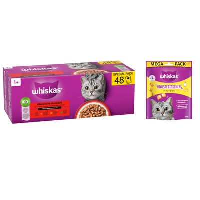 whiskas KNUSPERTASCHEN mit Huhn & Käse, <2 kcal, Ohne künstliche Aromastoffe, Angereichert mit Vitaminen und Mineralstoffen, MEGA PACK 180g, texte en allemand