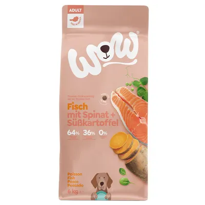 WOW Adult dry food fish with spinach and sweet potato, 64% fish, 36% vegetables, 0% grain, Made in Austria, 6kg pack.