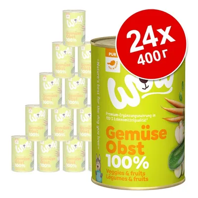 24 консерви по 400 г WOW Gemüse Obst 100% – зеленчуци и плодове. Видими надписи: Premium-Ergänzungsnahrung in 100 % Lebensmittelqualität, Veggies & fruits.