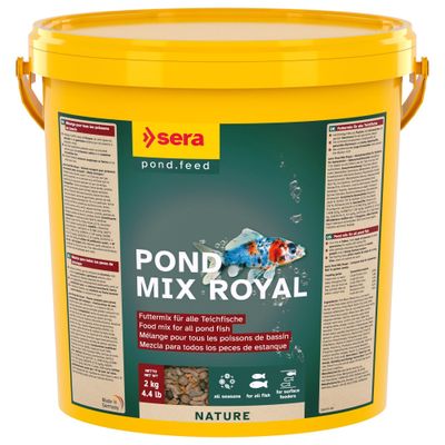 Sera Pond Mix Royal Nature, Mischfutter für Teichfische, 2 kg. Enthält Flocken, Granulat und ganze Futtertiere. Optimal für verschiedene Fischarten. 7% nachhaltige Zutaten.