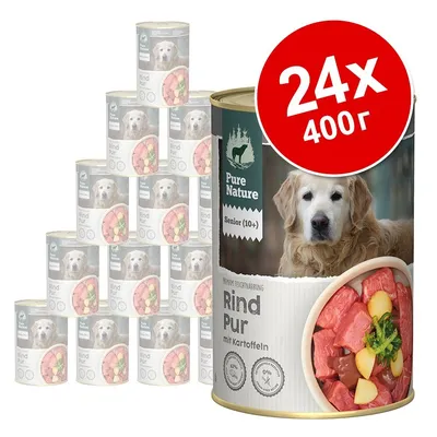 Комплект 24 консерви Pure Nature Senior (10+) Rind Pur mit Kartoffeln, всяка по 400 г. Видими парчета месо и картофи на етикета.