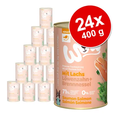 Lot de 24 boîtes WOW Adult Saumon, pissenlit et ortie, 400 g chacune. Texte visible : 71 % poisson, viande et abats, 0 % céréales. Inscriptions en allemand et français sur l’emballage. Lot de 24 boîtes WOW Adult Saumon, pissenlit et ortie, 400 g chacune. Texte visible : 71 % poisson, viande et abats, 0 % céréales. Inscriptions en allemand et français sur l’emballage.