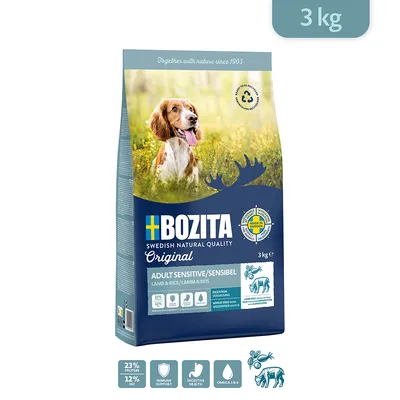 Bozita Adult Sensitive Original, miel și orez, 3kg. Fabricat în Suedia, 23% proteină, 12% grăsime, susține sistemul imunitar, digestia și Omega 3 & 6. Fără grâu. Bozita Adult Sensitive Original, miel și orez, 3kg. Fabricat în Suedia, 23% proteină, 12% grăsime, susține sistemul imunitar, digestia și Omega 3 & 6. Fără grâu.