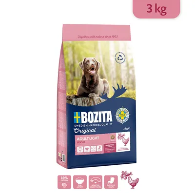 Bozita Original Adult Light, 3 kg, hrană uscată ușoară pentru câini, fără grâu, 19% proteină, 6% grăsime, fabricat în Suedia, susține digestia și siguranța.