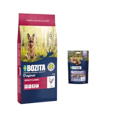 Bozita Adult Sensitive Original, jagnięcina i ryż, 12 kg. Szwedzka jakość, bez pszenicy, łatwostrawna. Opakowanie z psem w naturze i symbolem recyklingu.