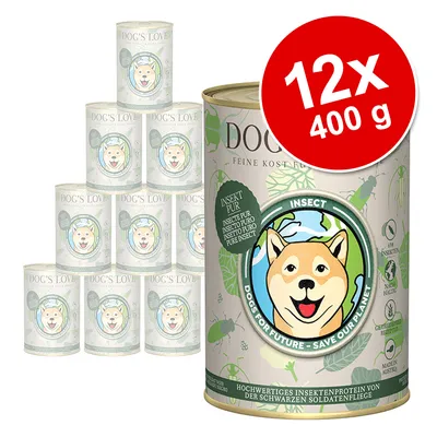 DOG'S LOVE Insect Pur hundefoder, 12 x 400 g dåser. Tekst: INSEKT PUR, DOGS FOR FUTURE – SAVE OUR PLANET, HOCHWERTIGES INSEKTENPROTEIN VON DER SCHWARZEN SOLDATENFLIEGE. DOG'S LOVE Insect Pur hundefoder, 12 x 400 g dåser. Tekst: INSEKT PUR, DOGS FOR FUTURE – SAVE OUR PLANET, HOCHWERTIGES INSEKTENPROTEIN VON DER SCHWARZEN SOLDATENFLIEGE.