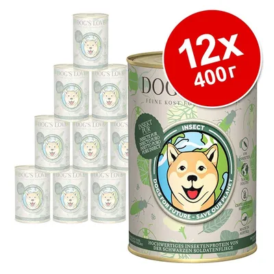 DOG'S LOVE консервирана храна за кучета, 12×400 г. Видимо: етикет с изображение на куче, надпис INSECT PUR, DOGS FOR FUTURE – SAVE OUR PLANET, протеин от насекоми.