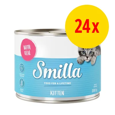 Smilla Kitten våtfoder med kalv, 200 g burk, text: WITH VEAL, CONTAINS TAURINE, GRAIN-FREE, FOOD FOR A LIFETIME, 24x i gul cirkel
