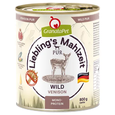 GranataPet Liebling's Mahlzeit PUR vilt hjort, spannmålsfri, med granatäpplekärnor, grönläppad mussla och laxolja. Tillverkad i Tyskland. 800g netto.