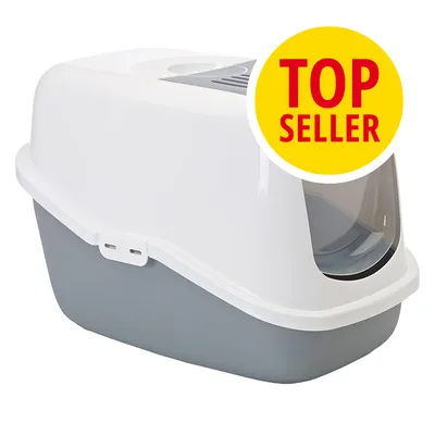 Zakryta kuweta dla kota z szarym dołem i białą pokrywą, przezroczyste drzwiczki. Żółty okrągły znak z napisem TOP SELLER. Zakryta kuweta dla kota z szarym dołem i białą pokrywą, przezroczyste drzwiczki. Żółty okrągły znak z napisem TOP SELLER.