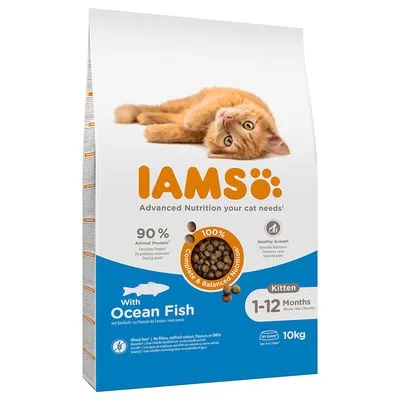 IAMS kattenvoer voor kittens 1–12 maanden, met ocean fish, 90% dierlijk eiwit, 10 kg zak. Tekst: 'Complete & Balanced Nutrition', 'Wheat free', 'No fillers, artificial colours, flavours or GMOs'.