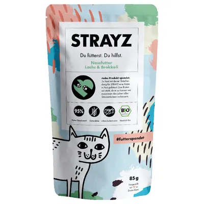 STRAYZ comida húmida de salmão e brócolos, 85g. Biológico, sem adição de açúcar, sem cereais, alto teor de carne. Cada embalagem apoia gatos de rua. Fabricado na Alemanha.