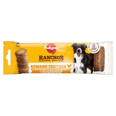 Pedigree Ranchos bâtonnets à mâcher fourrés au poulet, adaptés aux chiens de plus de 15 kg. Sans céréales, ingrédients 100 % naturels.