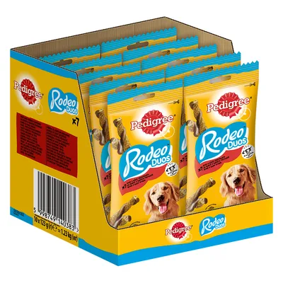 Pedigree Rodeo Duos koiranherkut, 7 kappaleen pakkaus, alle 5 % rasvaa, koiran kuva pakkauksessa.