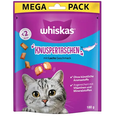 Whiskas Knuspertaschen с вкус на сьомга, Мега пакет 180g. Без изкуствени ароматизатори, обогатени с витамини и минерали, под 2 kcal на брой.