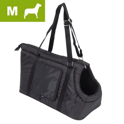 Czarna torba transportowa z tkaniny, regulowane paski na ramię, kieszeń z boku, otwór wejściowy z przodu. W lewym górnym rogu symbol psa i litera M.
