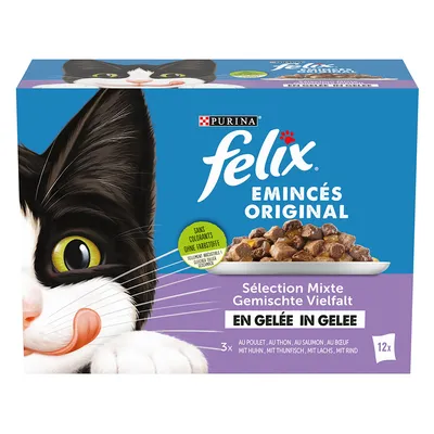 Purina Felix Emincés Original, mix různých druhů v želé. Bez barviv. Druhy: kuře, tuňák, losos, hovězí. Balení s 12 porcemi.