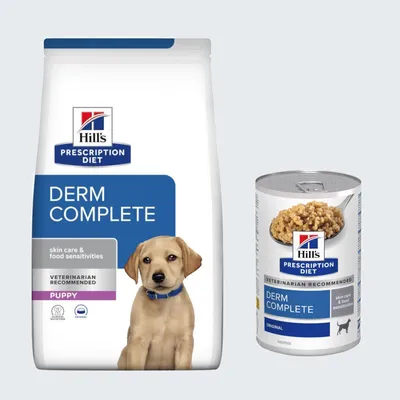 Hill's Prescription Diet: karma sucha, 12 kg + karma mokra Derm Complete, 3 x 370 g gratis! - Derm Complete Puppy