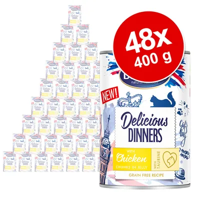 48 банок по 400 г Butcher's Delicious Dinners с курицей в желе, надпись NEW!, изображение кота и текста: with taurine, grain free recipe.