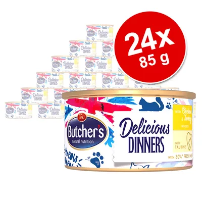 Butcher's Delicious Dinners, 24x85 g dåser. Tekst på dåse: with Chicken & Turkey mousse, with taurine, with 30% fresh meat. Stor rød cirkel med '24x 85 g'.