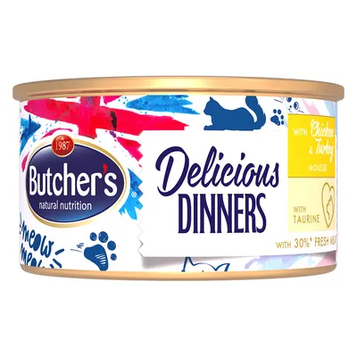 Butcher's natural nutrition Delicious Dinners, mousse with chicken & turkey, with taurine, 30% fresh meat. Texte en anglais sur l’emballage.