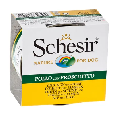 Schesir Nature for Dog, kuře se šunkou, 150g. Vícejazyčné označení: Chicken with Ham, Poulet avec Jambon, Pollo con Jamón, Kip met Ham.