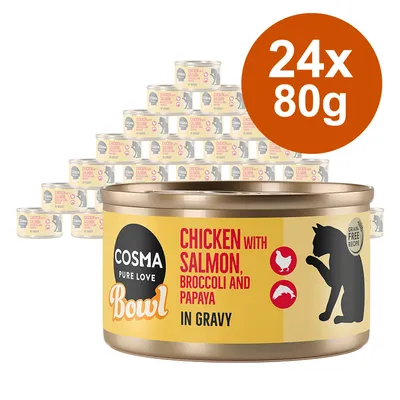 Cosma Bowl vådfoder til katte, variant: kylling med laks, broccoli og papaya i sauce. Kornfri opskrift. Pakningsstørrelse: 24 dåser à 80g.