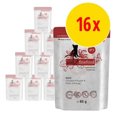 Multipack med 16 påsar Catz Finefood N°3 Huhn, 85 g. Text: Chicken, Poulet, Pollo, Frango. Märkt 'Made in Germany' och symboler för ingredienser och egenskaper synliga.