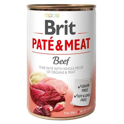 Brit Paté & Meat Beef, pure paté with whole pieces of organs & meat. Grain free, soy & GMO free. Immagine di carne e frattaglie sulla confezione.