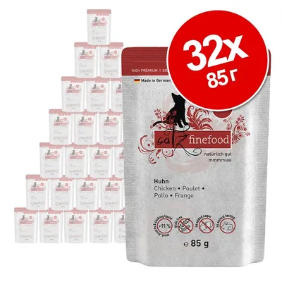 catz finefood паучове за котки, 32 броя по 85 г, вкус пиле. Видими икони: без добавена захар, без тестване върху животни, съдържание на месо над 91 %.