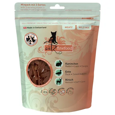 Catz Finefood Mixpack con 3 varietà: coniglio, anatra, cervo. Prodotto in Svizzera, senza cereali, senza zuccheri aggiunti, senza test sugli animali, richiudibile.