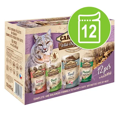 Упаковка Carnilove Wild-Origin Fillets для кошек, 12 паучей по 85 г: индейка, утка, форель, фазан. Видны изображения паучей и таблица кормления.