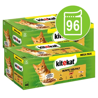 Kitekat Mega Pack Bunte Vielfalt in Sauce, 96 Portionsbeutel: 24x Huhn, 12x Rind, 12x Lachs. Natural Vitality für ausgewogene Ernährung.
