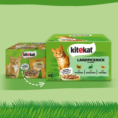 Kitekat Landpicknick in salsa, 48x100g. Contiene 24x tacchino, 12x coniglio, 12x pollame. Con Natural Vitality 100% completo.