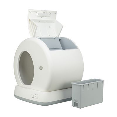 Automatische kattenbak in cilindervorm met open klep aan de bovenkant en losse grijze opvangbak, wit kunststof met bedieningspaneel aan de voorkant.