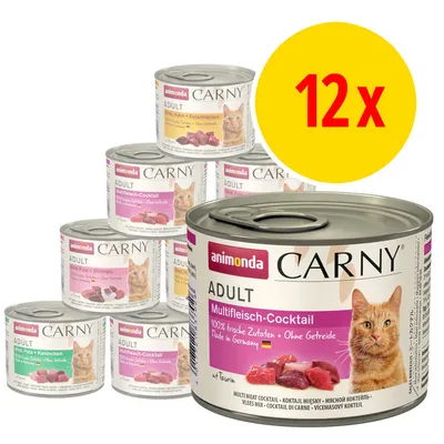 Multipack of 12 Animonda Carny Adult wet food cans, assorted flavours. Label highlights: multifleisch-cocktail, 100% fresh ingredients, grain-free, made in Germany.