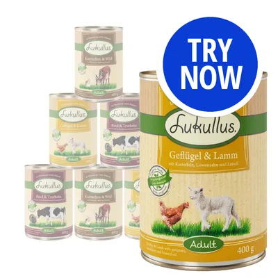 Selection of Lukullus adult food tins in various flavours with a large blue 'Try Now' button displayed over the image.