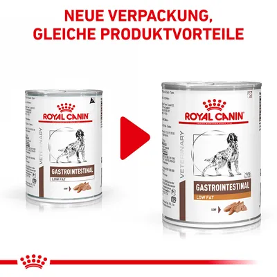 Royal Canin Gastrointestinal Low Fat. Nova ambalaža, iste prednosti proizvoda. Dvije konzerve sa slikom psa i hrane, crvena strelica pokazuje na ažuriranu konzervu.