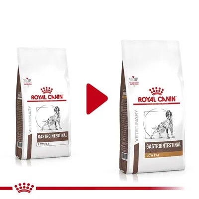 Два пакета Royal Canin Veterinary Gastrointestinal Low Fat с изображение на куче, показващи промяна в дизайна на опаковката.