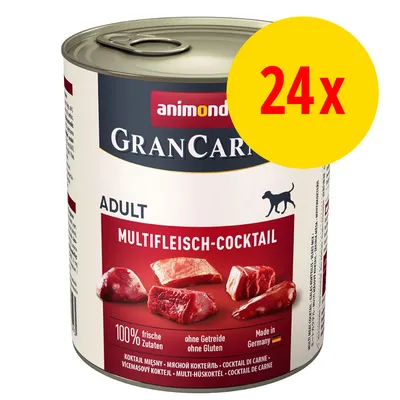 GranCarno Adult Multiflesich-Cocktail, 24 cans. Highlights: 100% fresh ingredients, grain-free, gluten-free, made in Germany. Image shows meat pieces and product information.