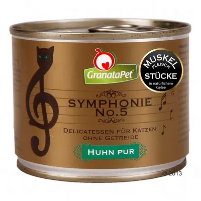 Lata de comida para gatos GranataPet Symphonie No.5, texto visible: Delicatessen für Katzen ohne Getreide, Huhn pur, MUSKEL FLEISCH STÜCKE in natürlichem Gelee.