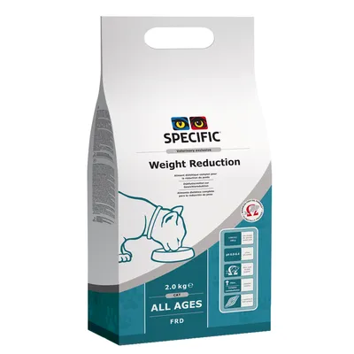 Συσκευασία SPECIFIC Weight Reduction για γάτες, 2,0 kg. Εμφανές κείμενο: ALL AGES, FRD. Πίνακας με πληροφορίες θρεπτικών συστατικών και pH. Ετικέτα με κόκκινο σύμβολο.